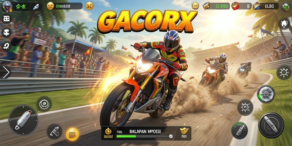 Tampilan seru dari gameplay GACORX saat balapan motor.