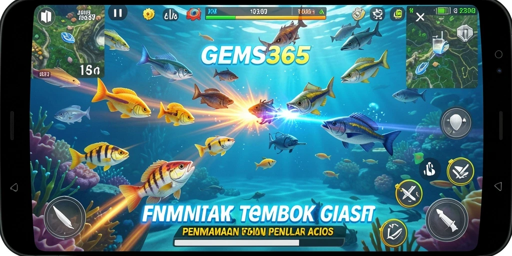 Screenshot GEMS365 menampilkan aksi seru menangkap ikan.