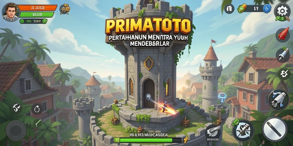 Tangkapan layar gameplay PRIMATOTO dengan pertahanan menara yang strategis.