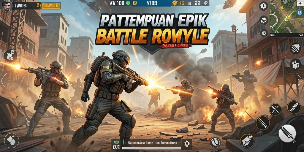 Screenshot utama VW108 menampilkan aksi seru dalam Battle Royale.